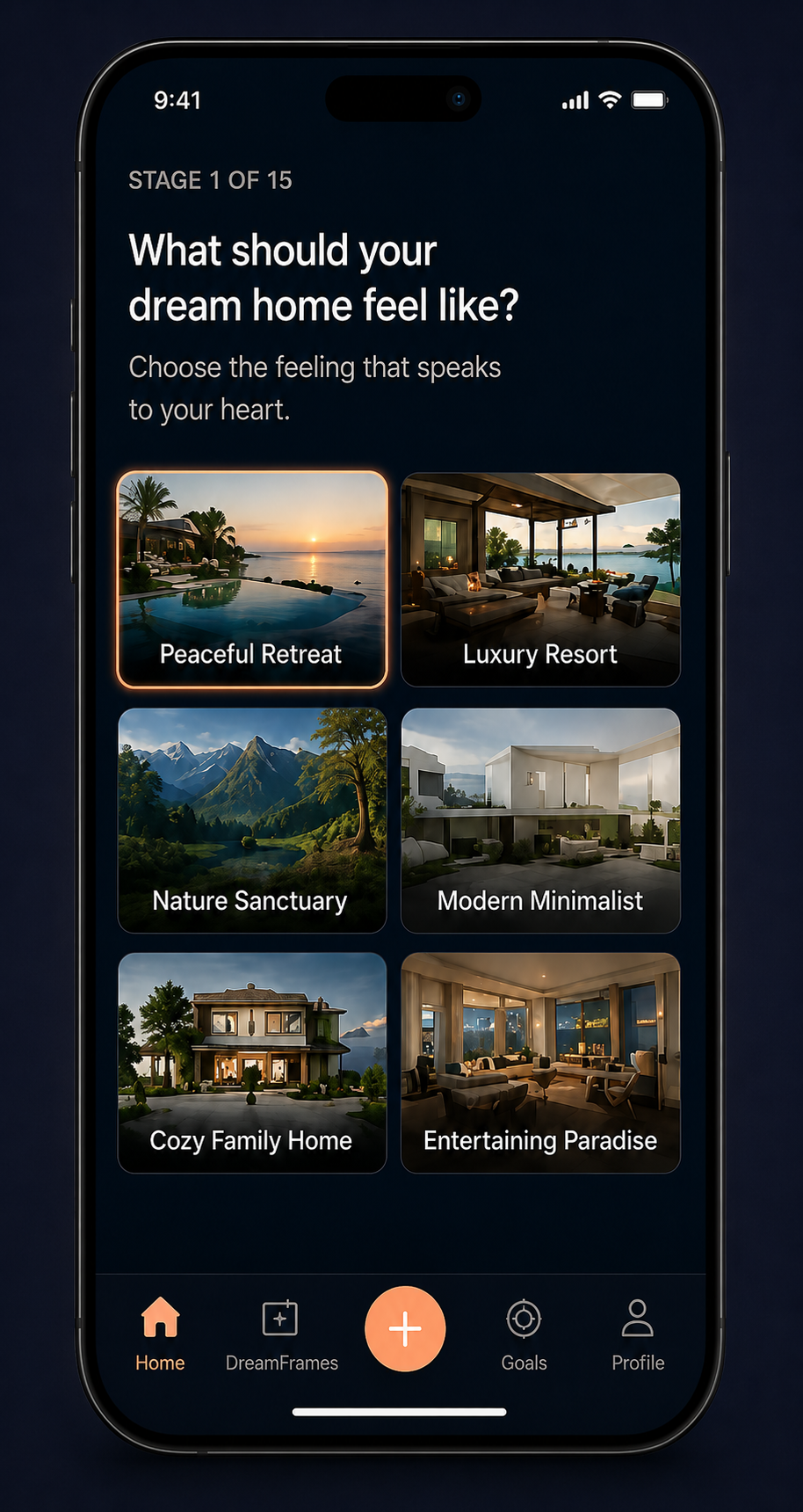 DreamFrame dream home discovery screen with visual choices
