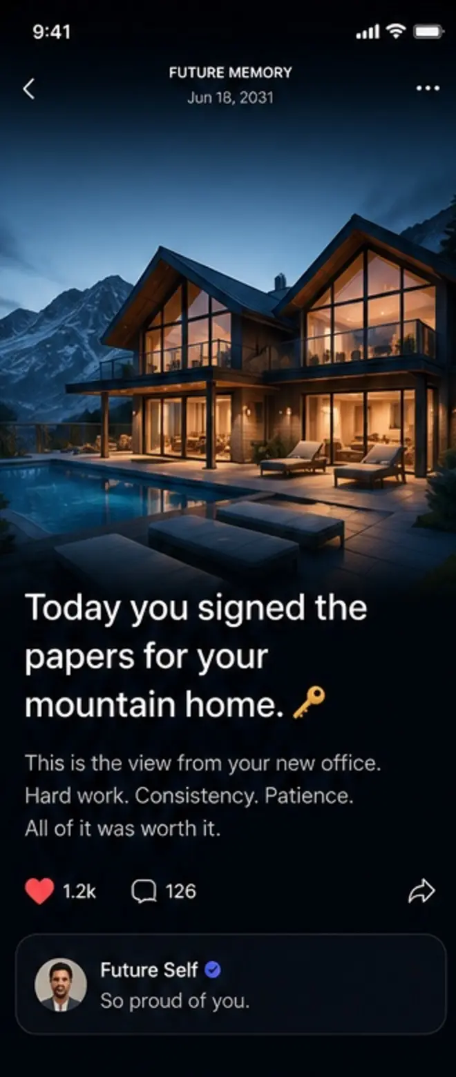 DreamFrame Future Memory screen showing a future mountain home