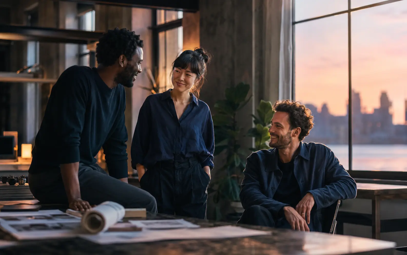 A creative team sharing a joyful moment after reaching an important milestone