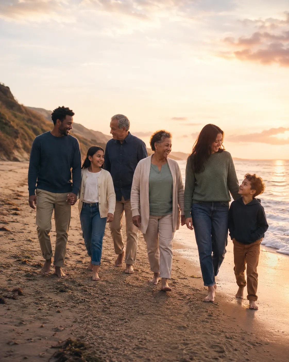 A family walking together by the sea at golden hour